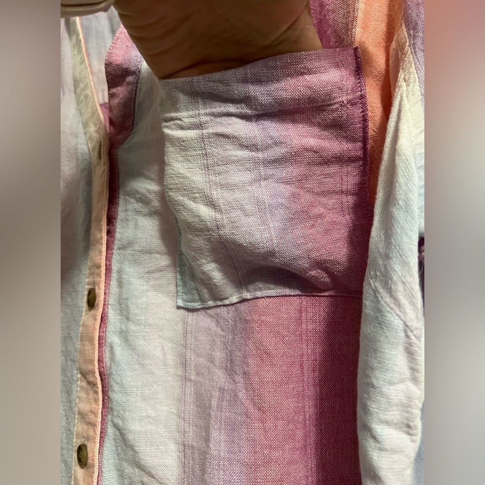 Terra & Sky Plus 0X (14W) Linen Cotton Blend Multicolor Stripe Button Front Top - Picture 4 of 11